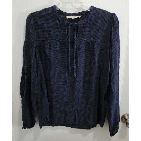 Loft Women's Long Sleeve Blouse Top Tie Keyhole Neck Textured Blue Size Medium - Picture 1 of 9
